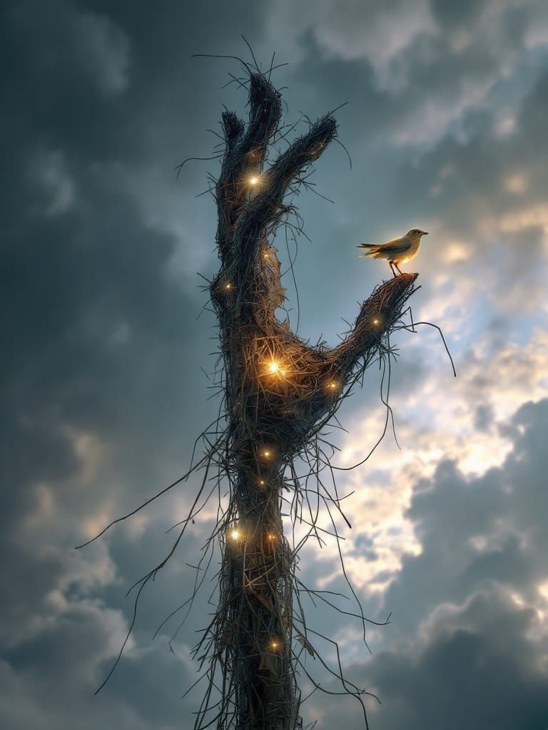 Straw Colossus with Ghostlight Against Fractured Sky