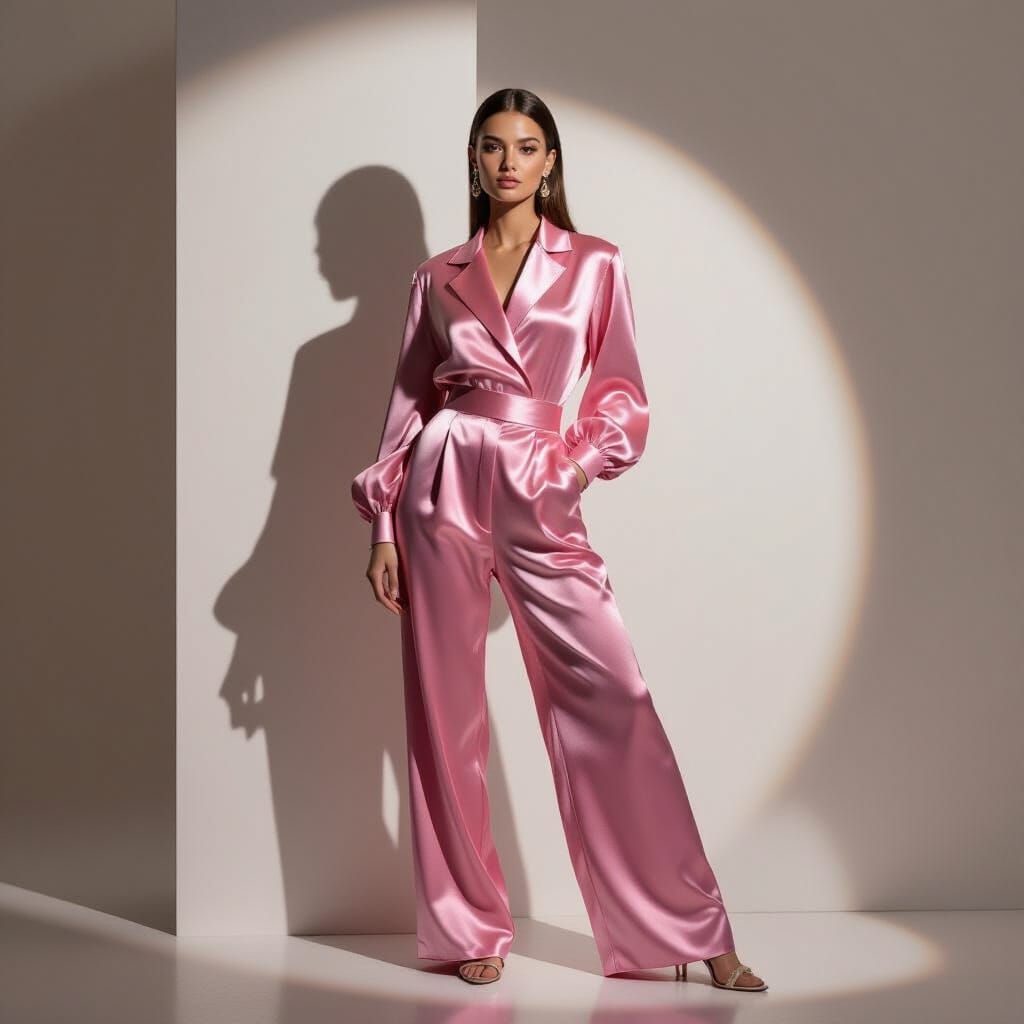 Elegant Model in Pink Satin Outfit, Editorial Photography