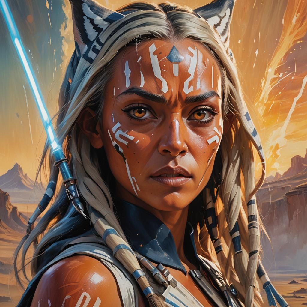 Ahsoka Tano with Lightsabers in Surrealist Oil Painting