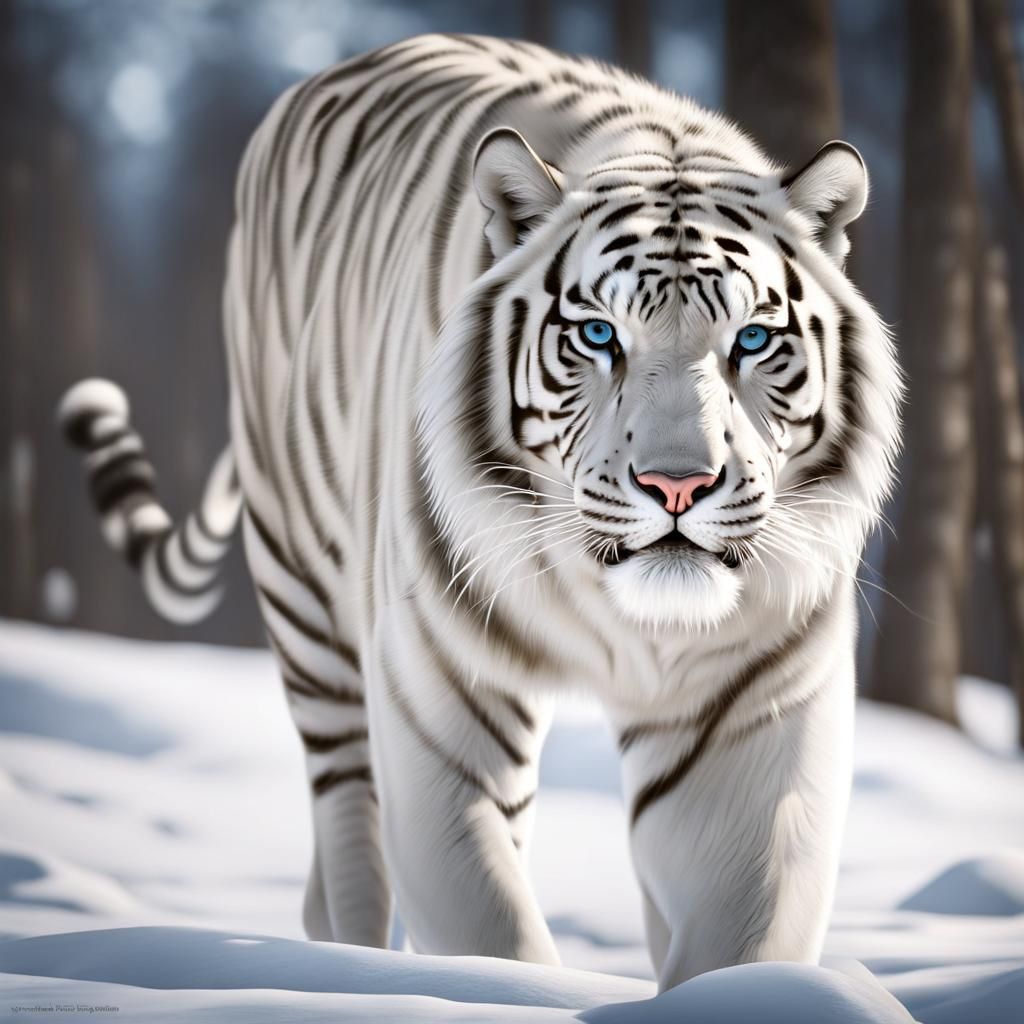 White Siberian Tiger in Snowy Landscape