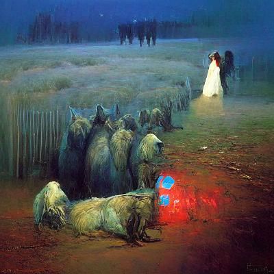 Surreal Wolf Pack and Bride at Night