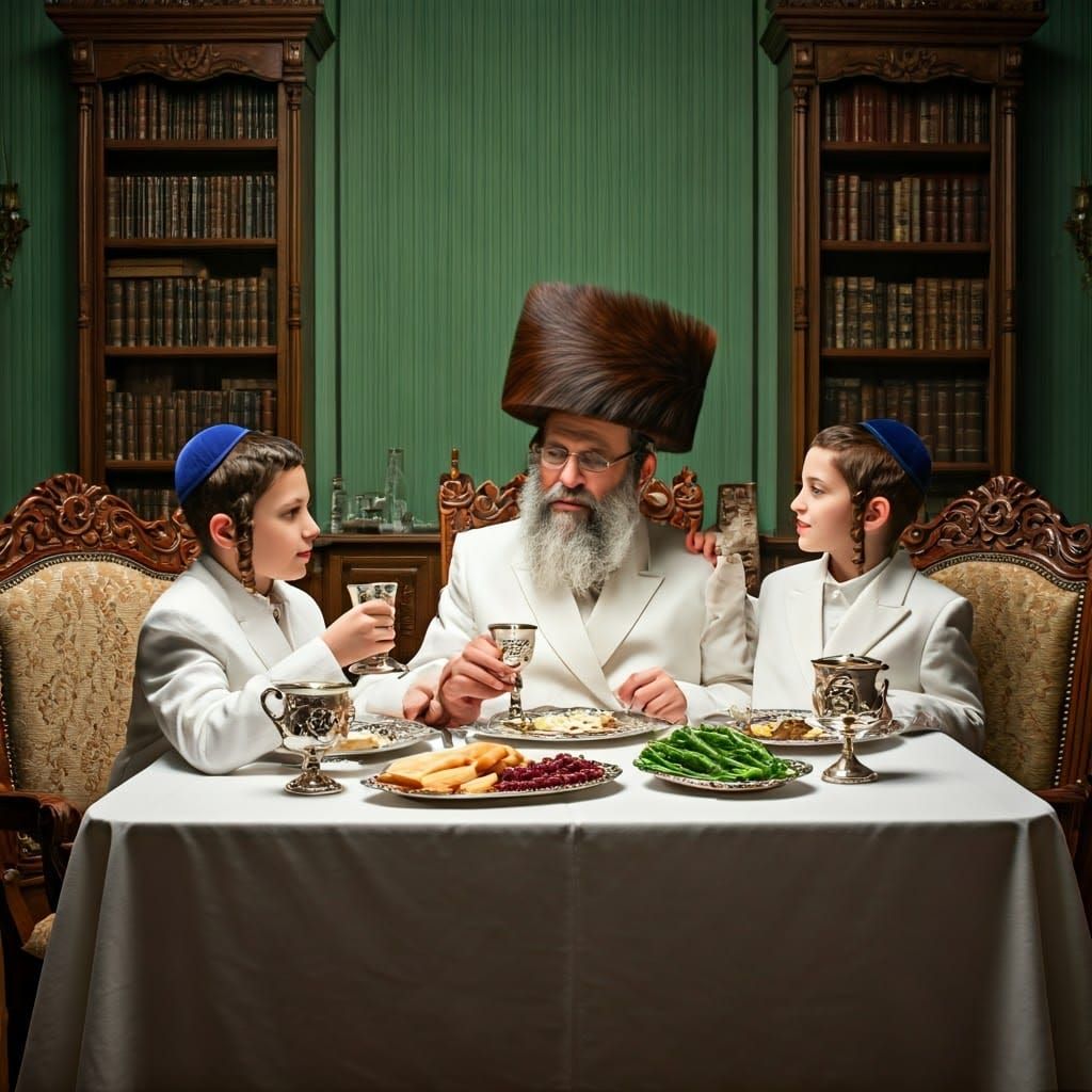 Traditional Hasidic Family Celebrates Passover Seder in Eleg...