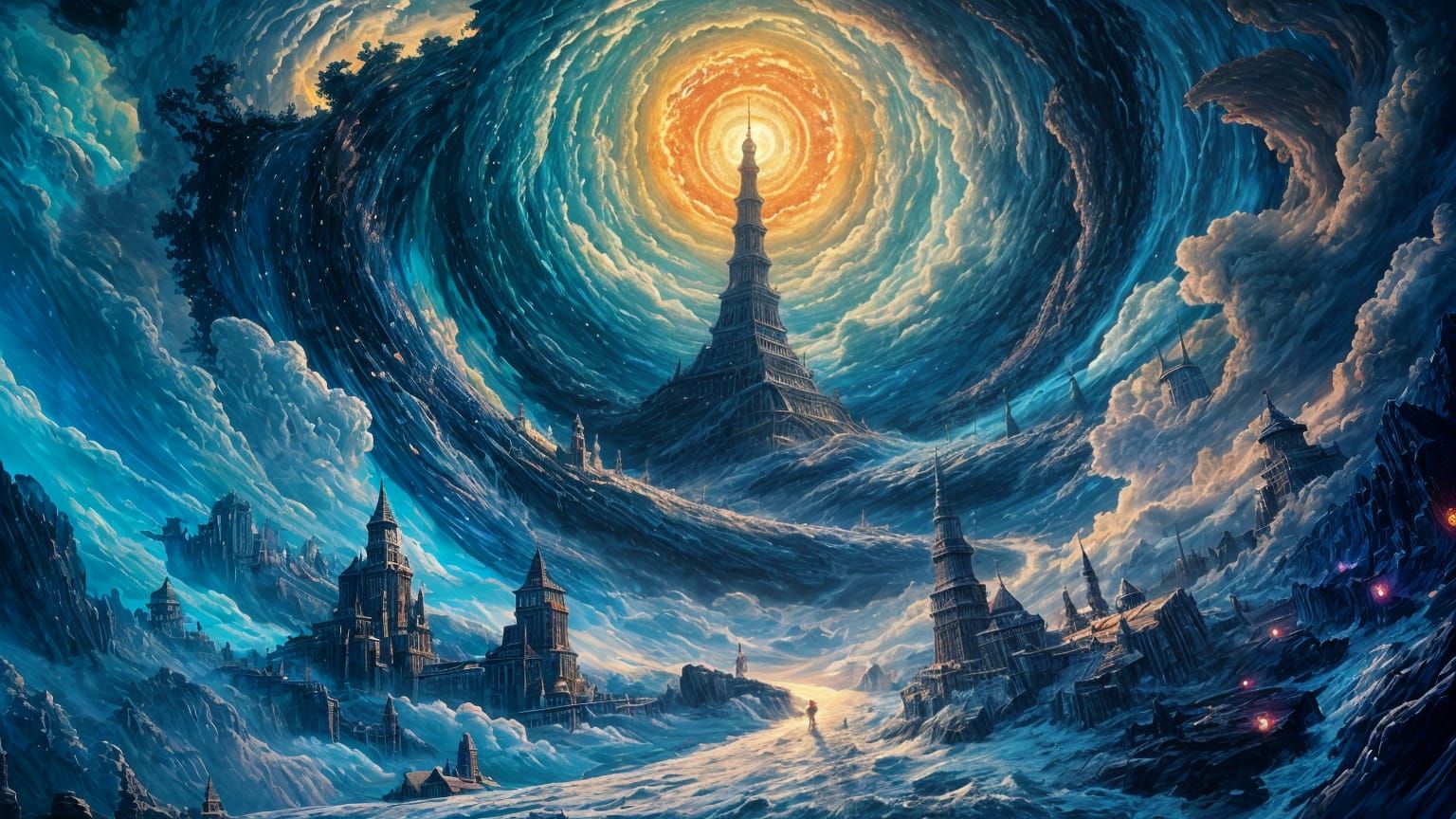 Surreal, Psychedelic Landscape of a Glowing Tower