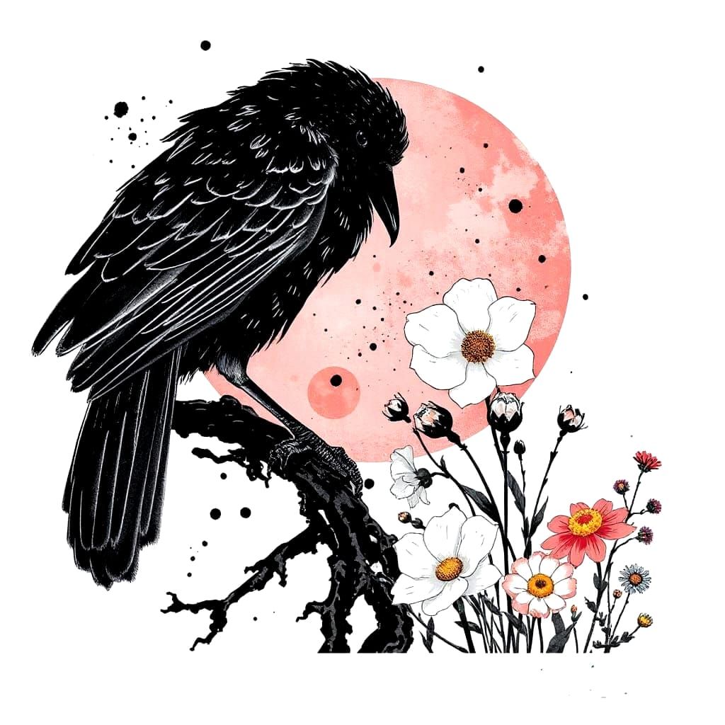 Corvid in Whimsical Ukiyo-E Style Over a Pink Moonlit Garden