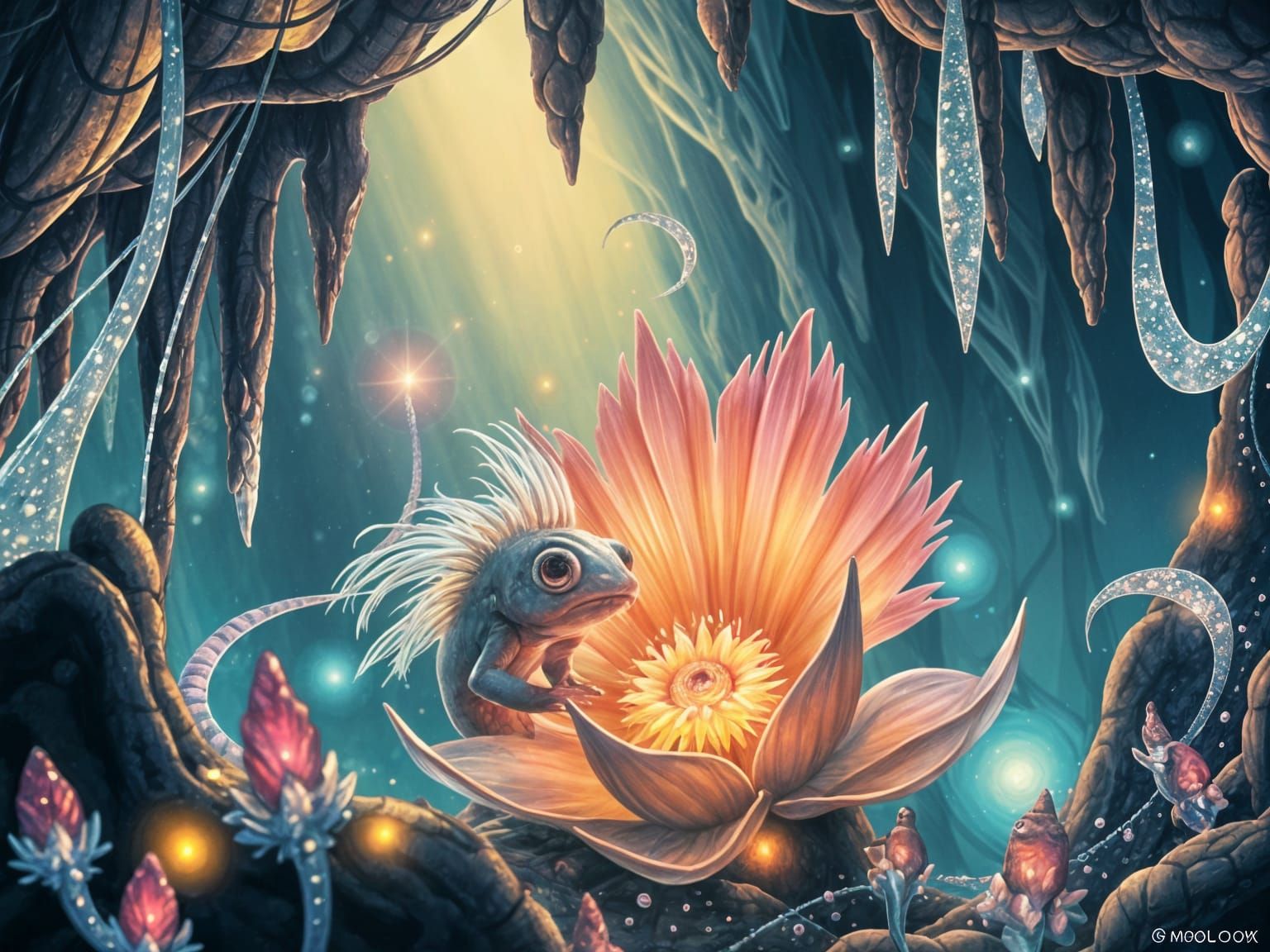 Axolotl Explores Vibrant Underwater Wonderland in Cosmic Art