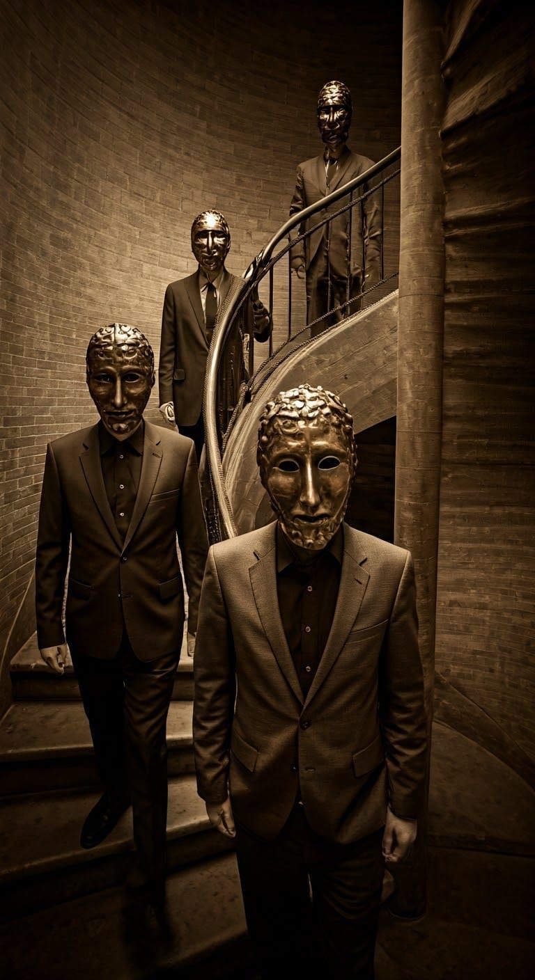 Masked Figures Descend Sepia Surreal Staircase