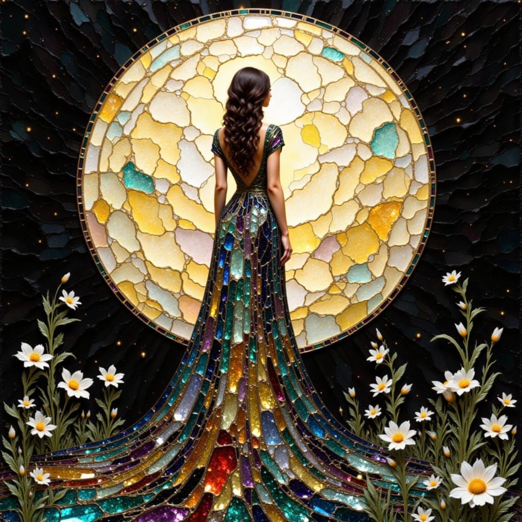 Woman Contemplates Mosaic Moon in Ethereal Night Scene