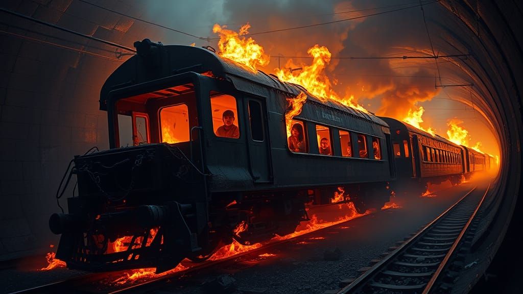 Train Crash Inferno in a Dark, Ominous Atmosphere