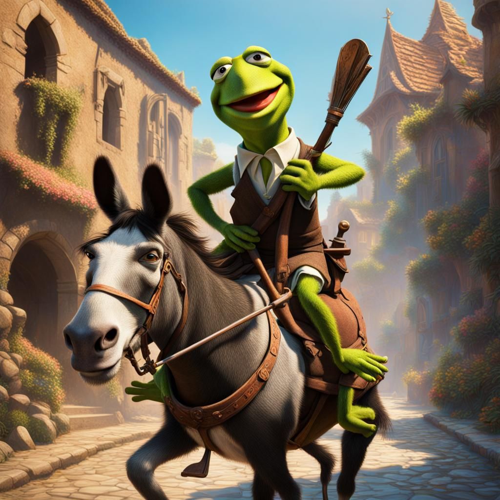 Kermit Rides Donkey: Hyperrealistic Concept Art