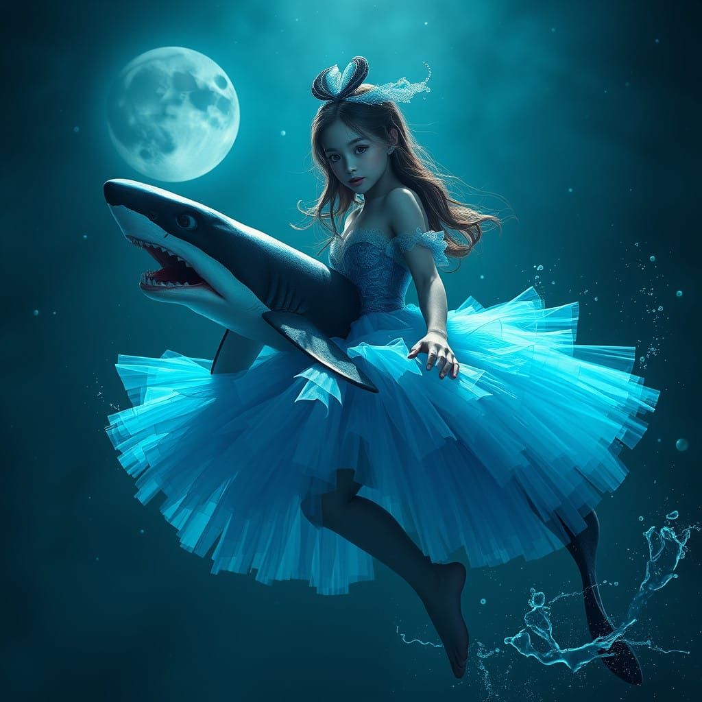 Fantastical Shark Girl in Dreamy Moonlight Blue Tutu