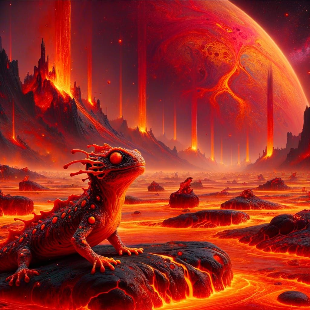 Fiery Alien World with Salamander in Surrealist Style