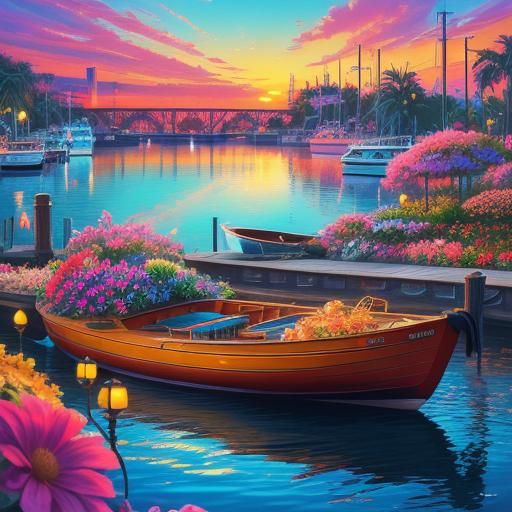 Squirrel on Neon Boat at Sunset: Hyperrealistic Digital Art