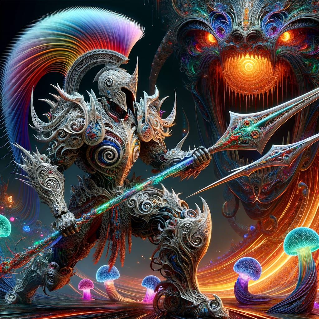 Warrior in Spiraling Flames with Kaiju Backdrop