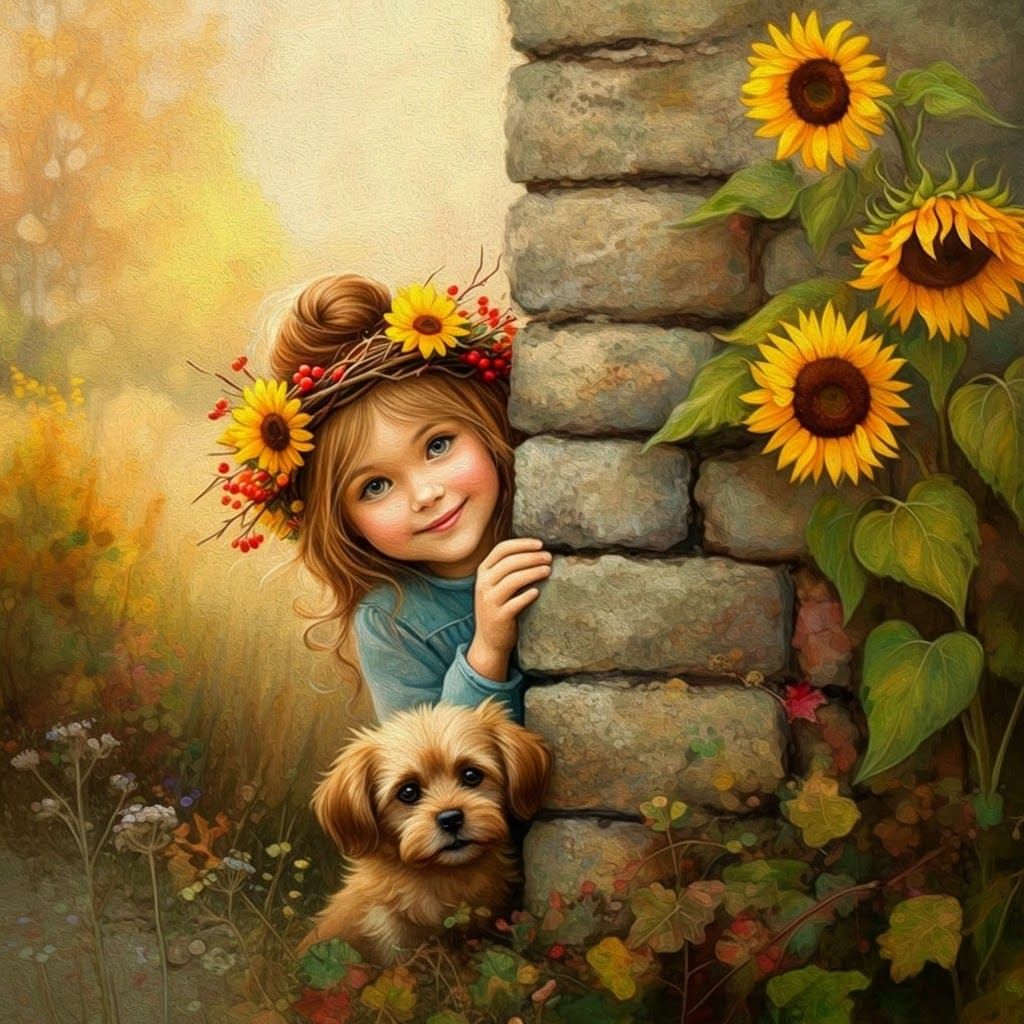 Whimsical Girl with Dog in Autumn Landscape