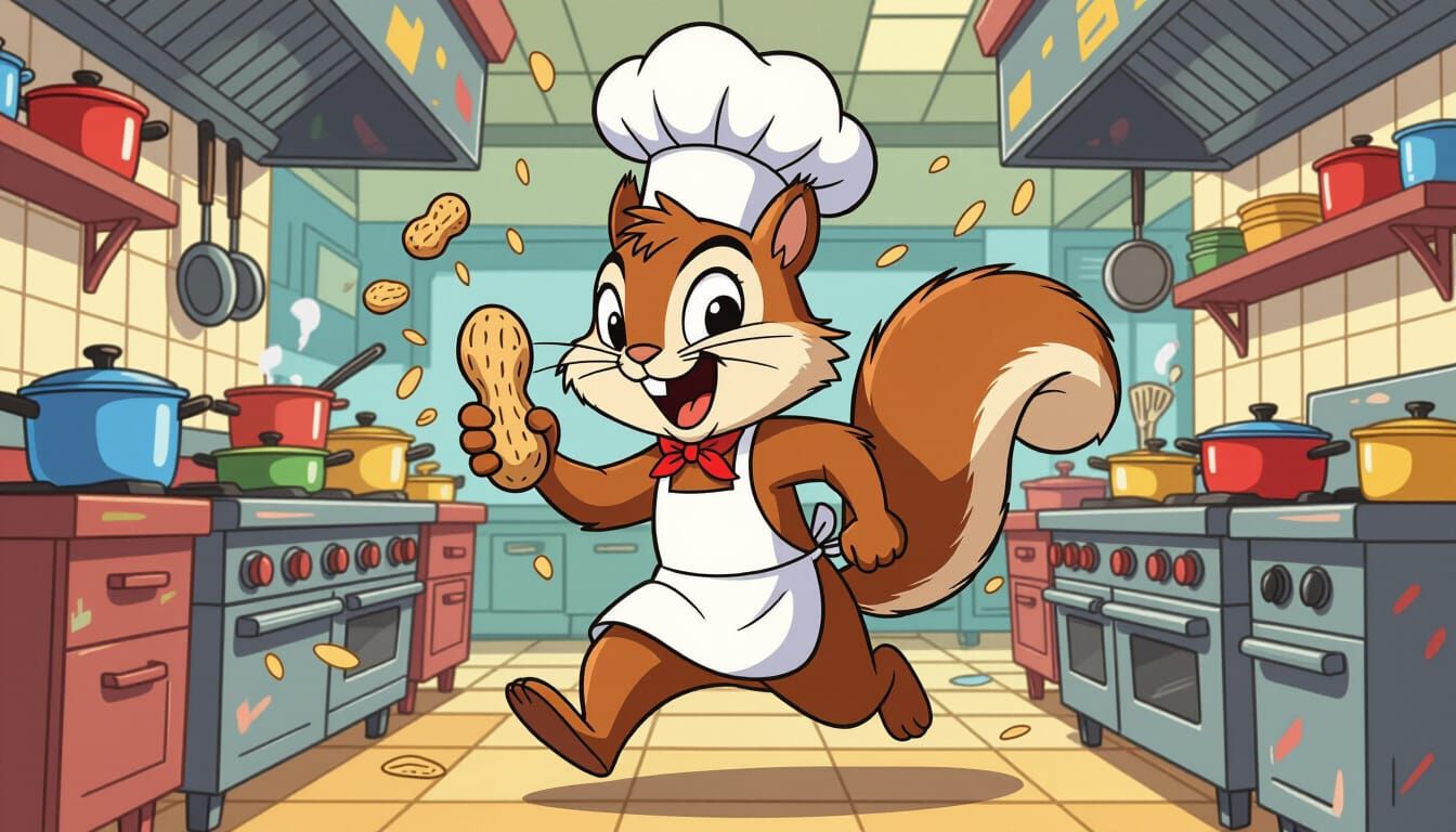 Cartoon Squirrel Chef Runs Through Kitchen