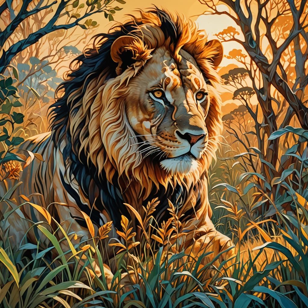 Lion and Zebra in Expressionist Savannah Landscape