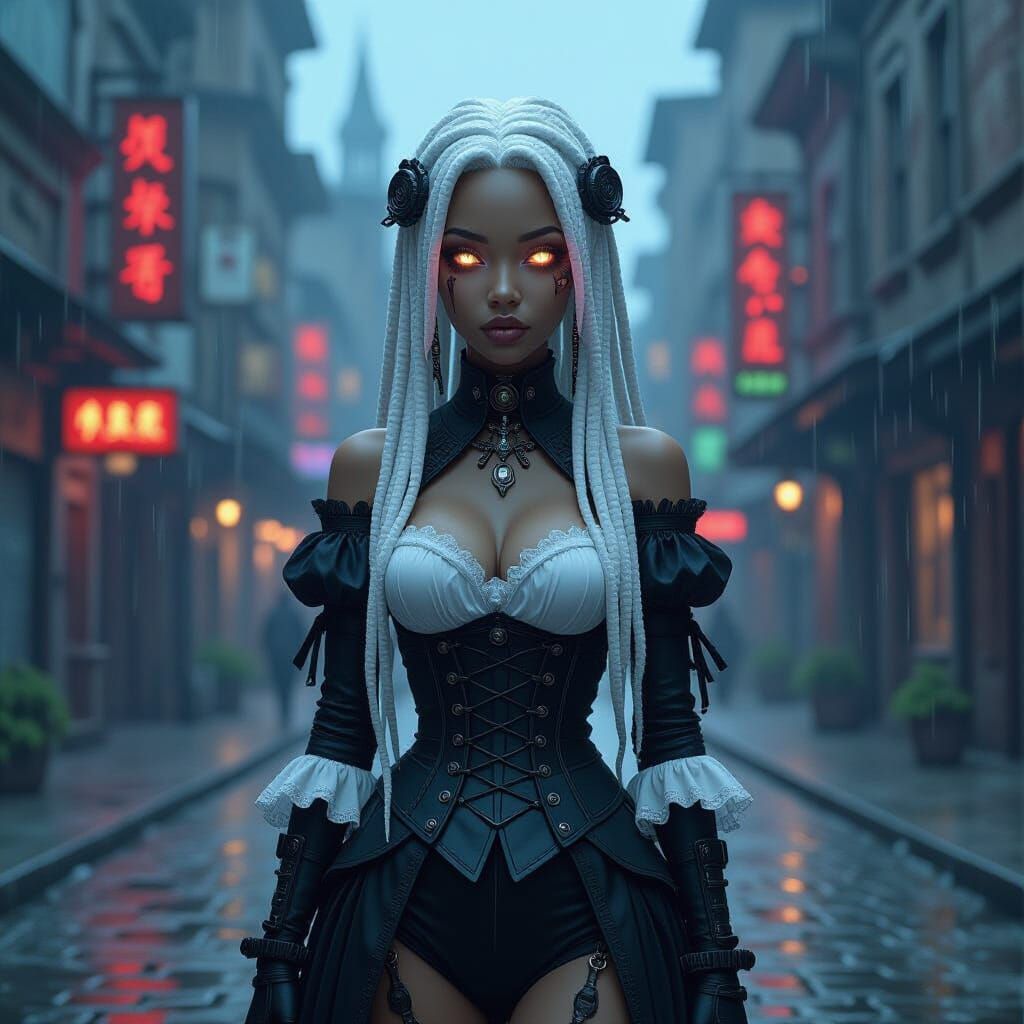 Haunting Android Woman in Gothic Cityscape
