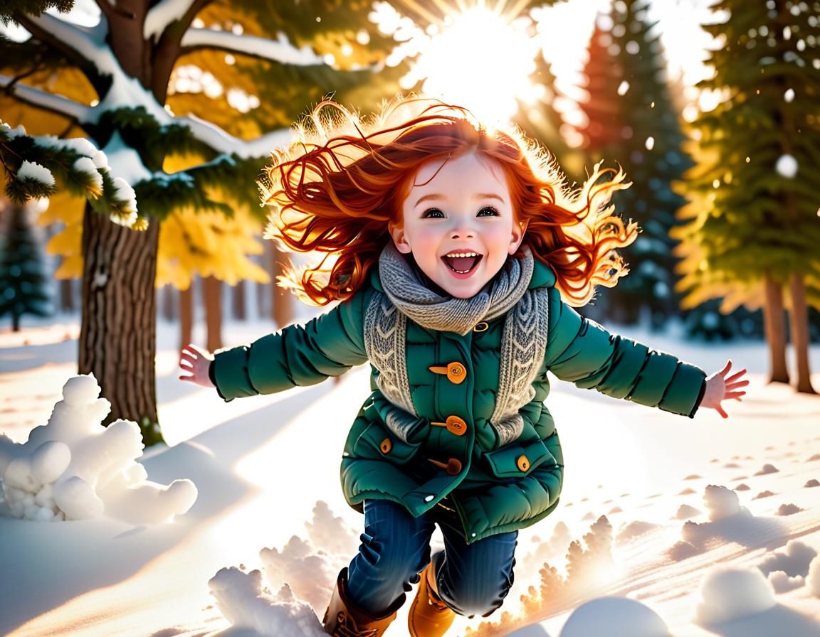 Joyful Redhead Leaps into Winter Snow Pile