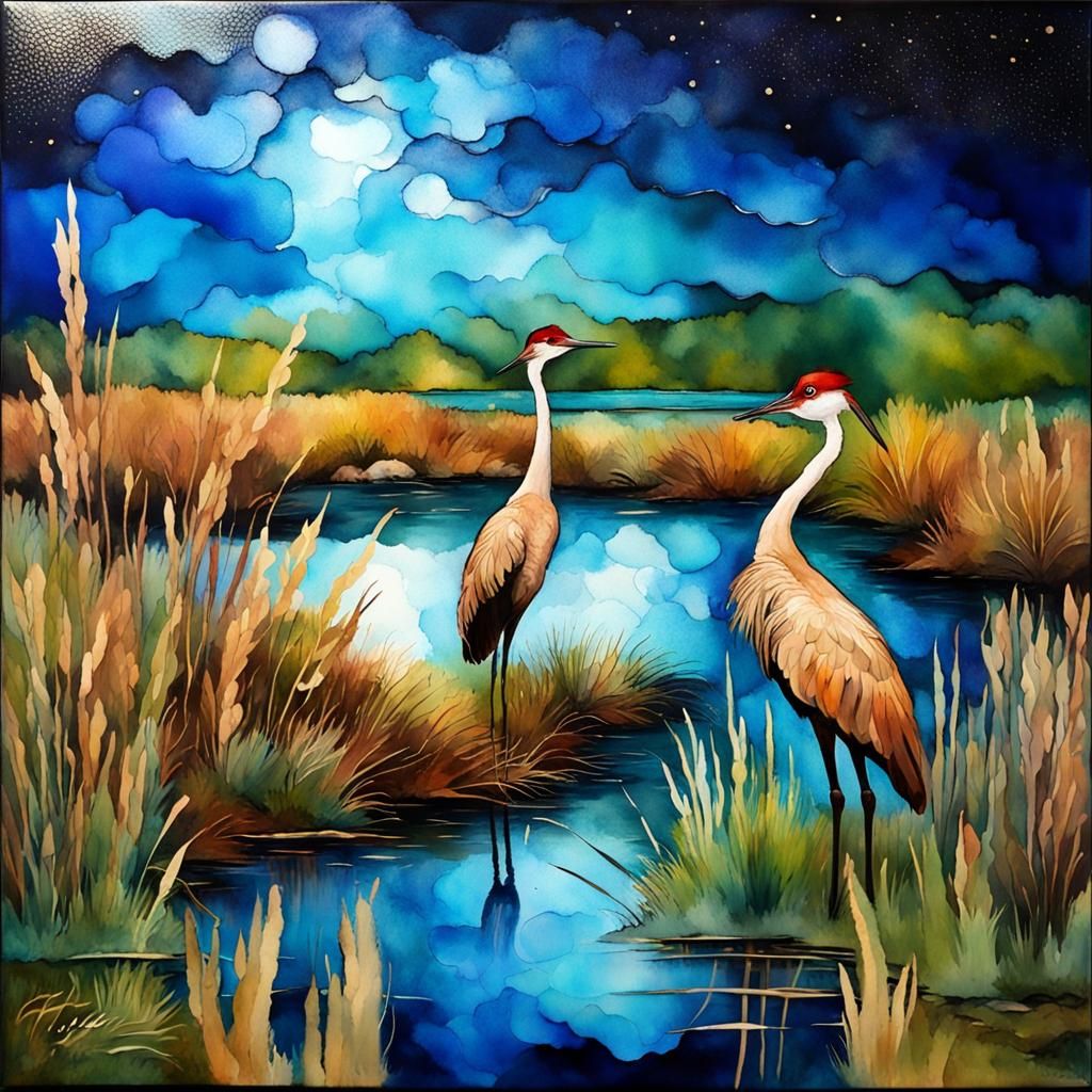 alcohol ink art :: estuarine wetlands :: sandhill cranes: wa...