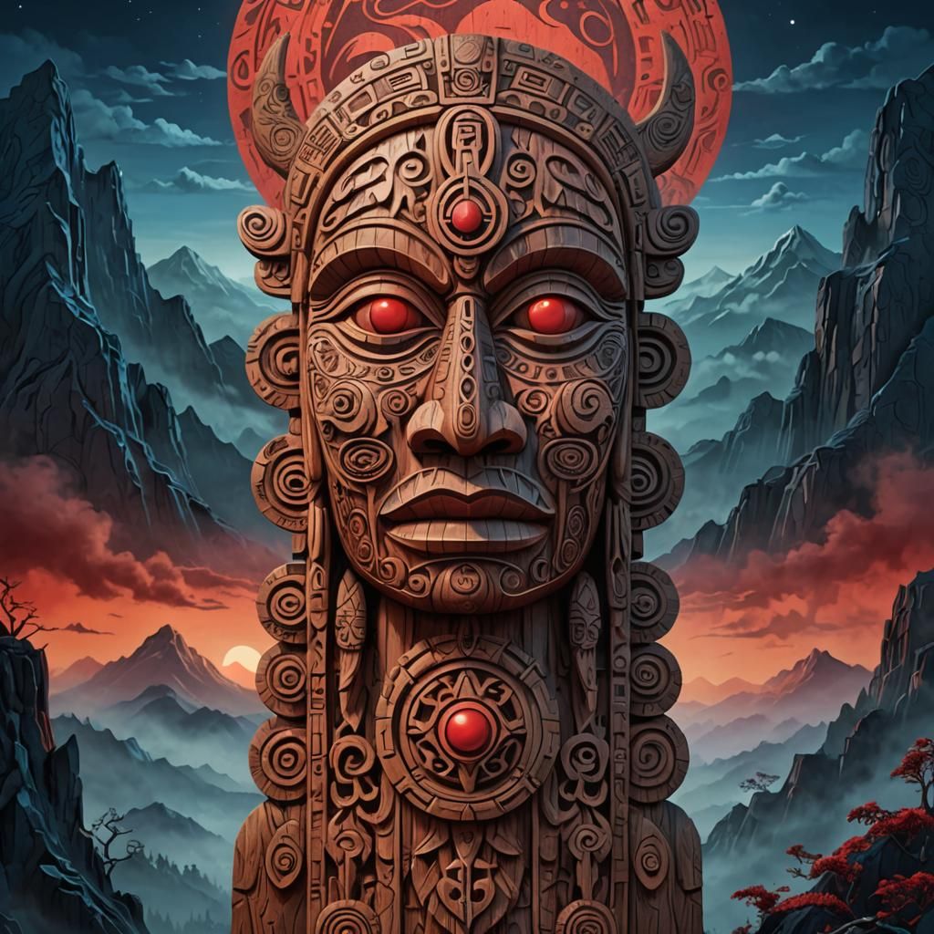 Mystical Tribal Totem with Red Moon, Digital Carving