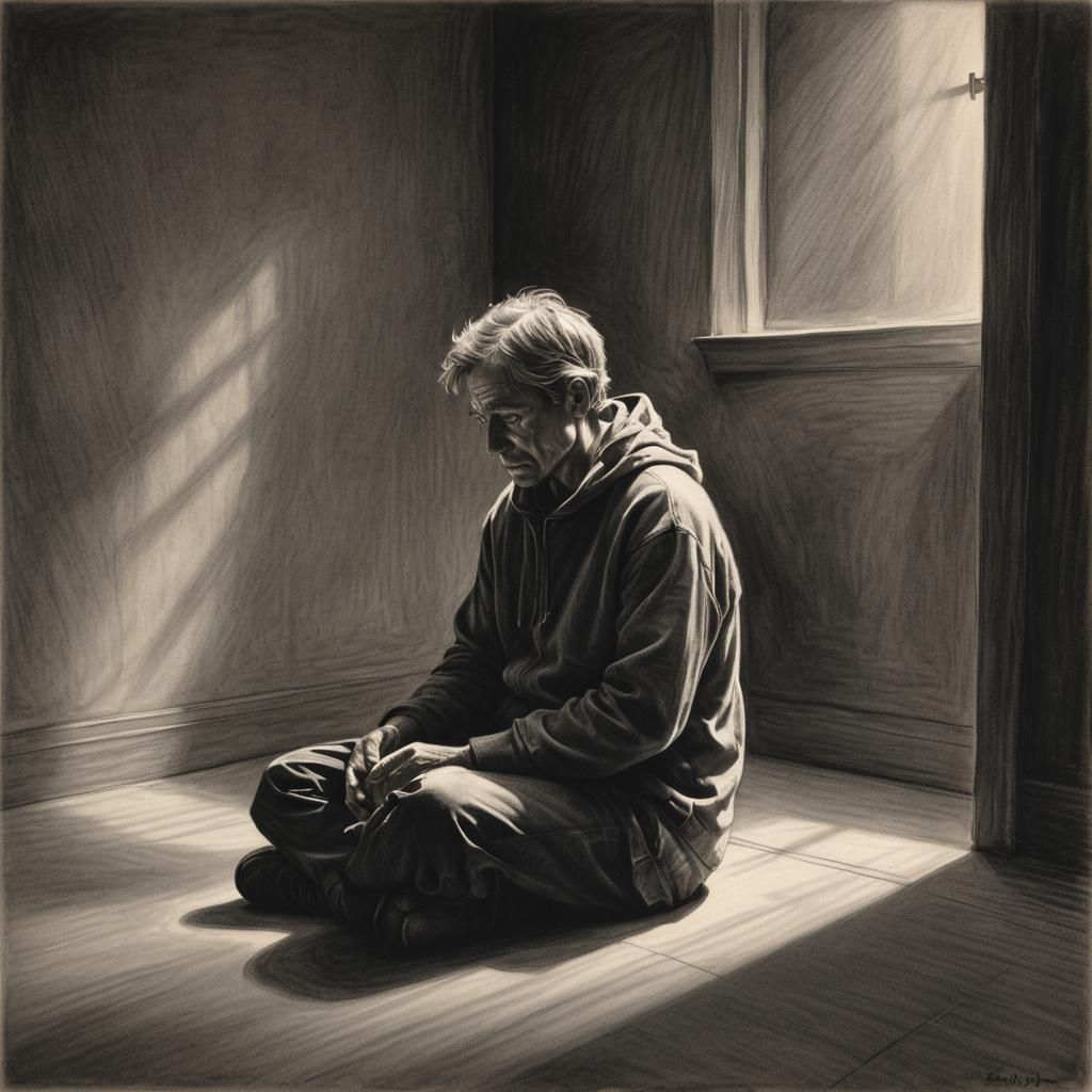 Solitary Figure in Charcoal Drawing with Chiaroscuro