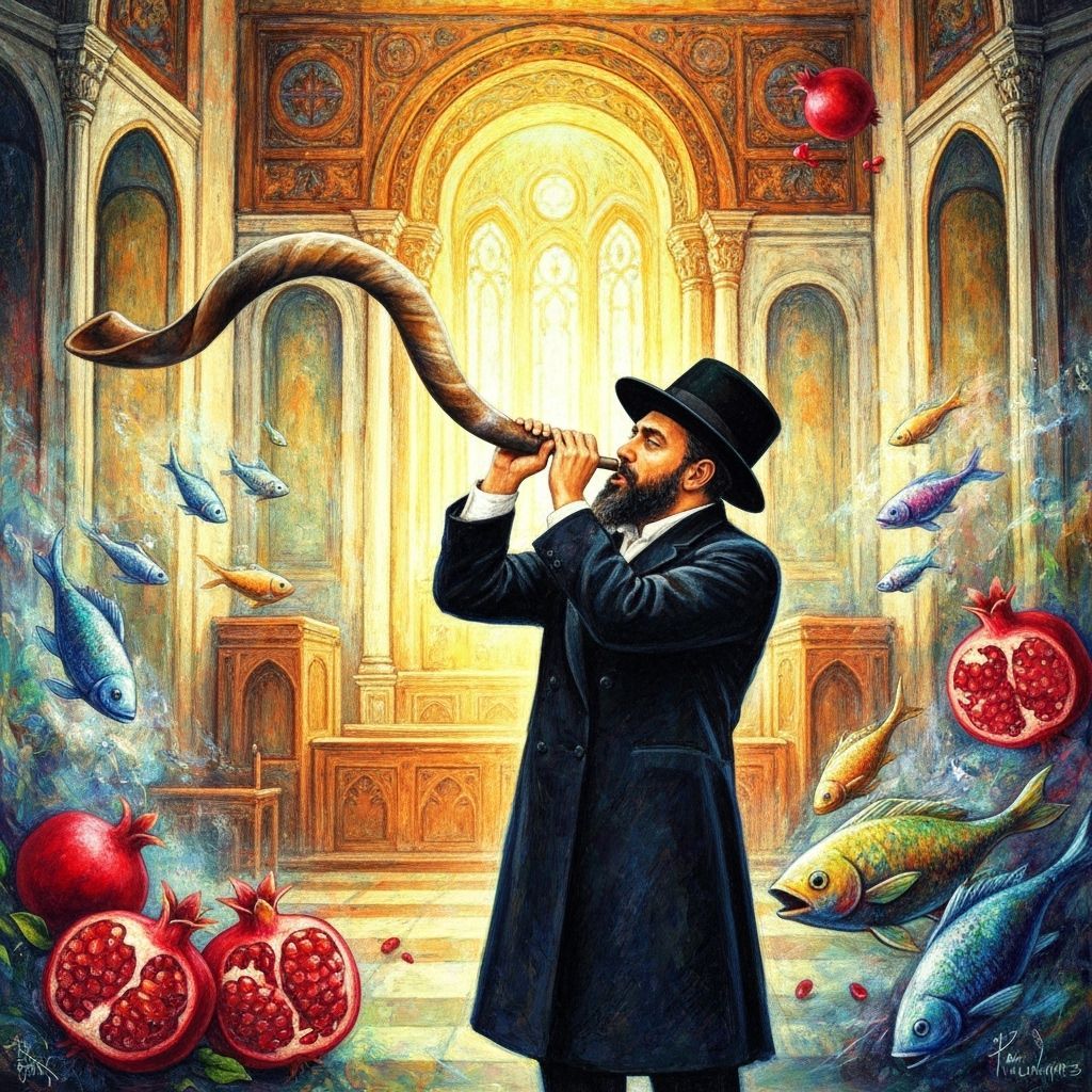 Hasidic Man Blowing Shofar in Ornate Synagogue