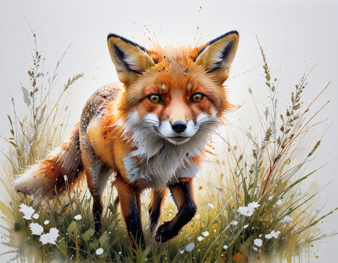 Red Fox in Dewy Meadow: Watercolor and Ink