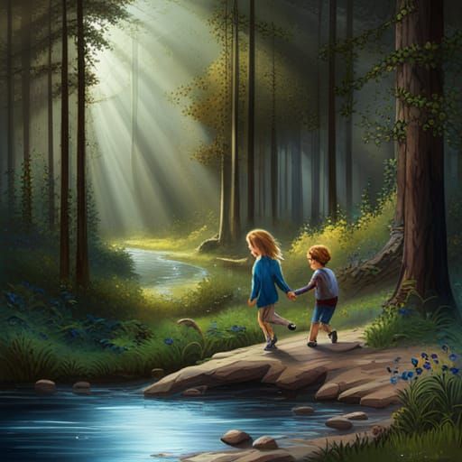 Children Play by Mystical River in Forest