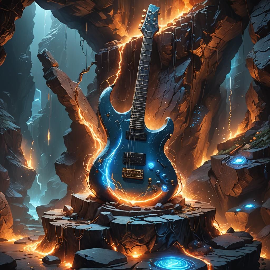 Electrified Guitar Emitting Sparks in Mystical Cave