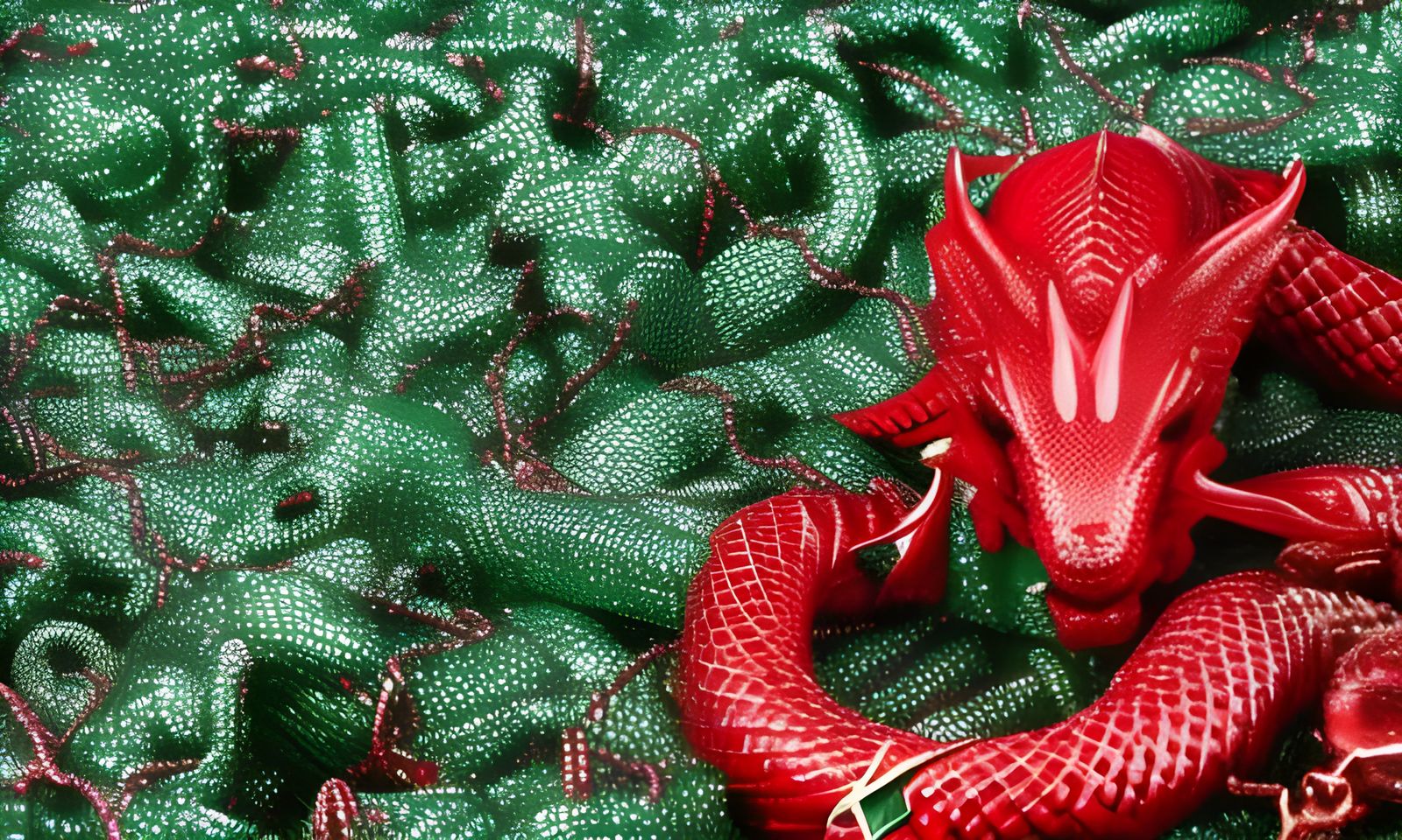 Festive Red Dragon in Christmas North Pole Scene
