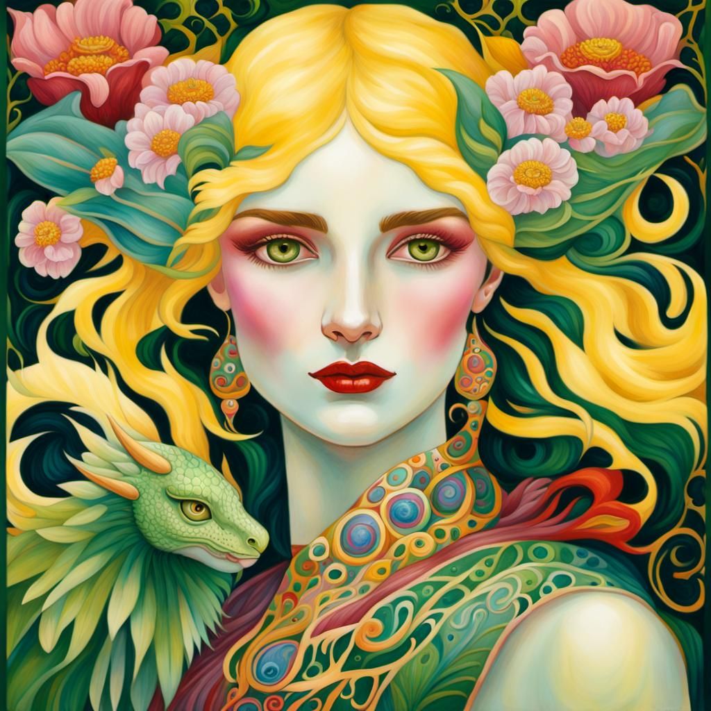 Dragon Woman Portrait in Art Nouveau Style