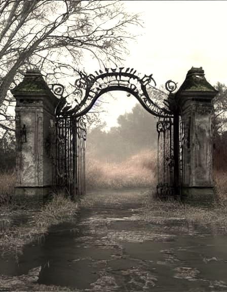 Abandoned Mansion Entrance in Worn Iron Gate