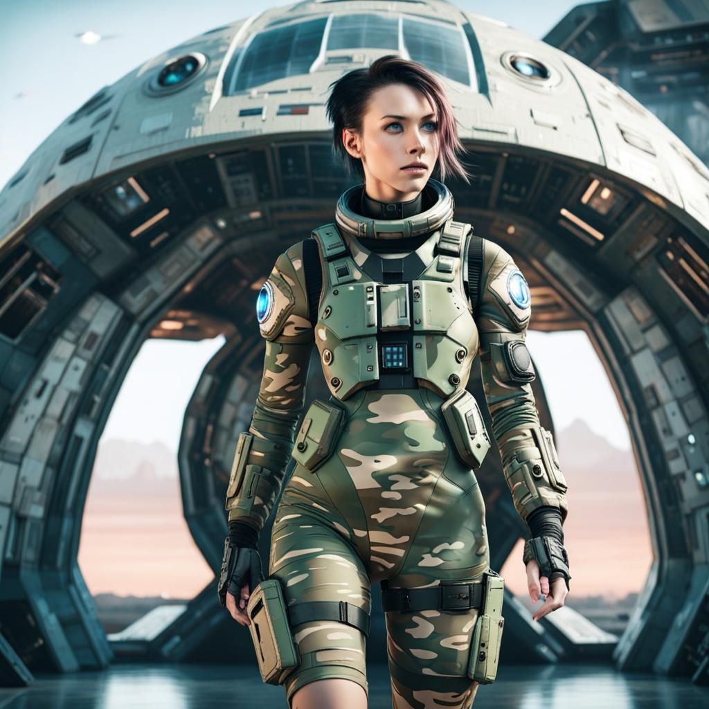 Cyberpunk Soldier Enters Spaceship at Future Spaceport