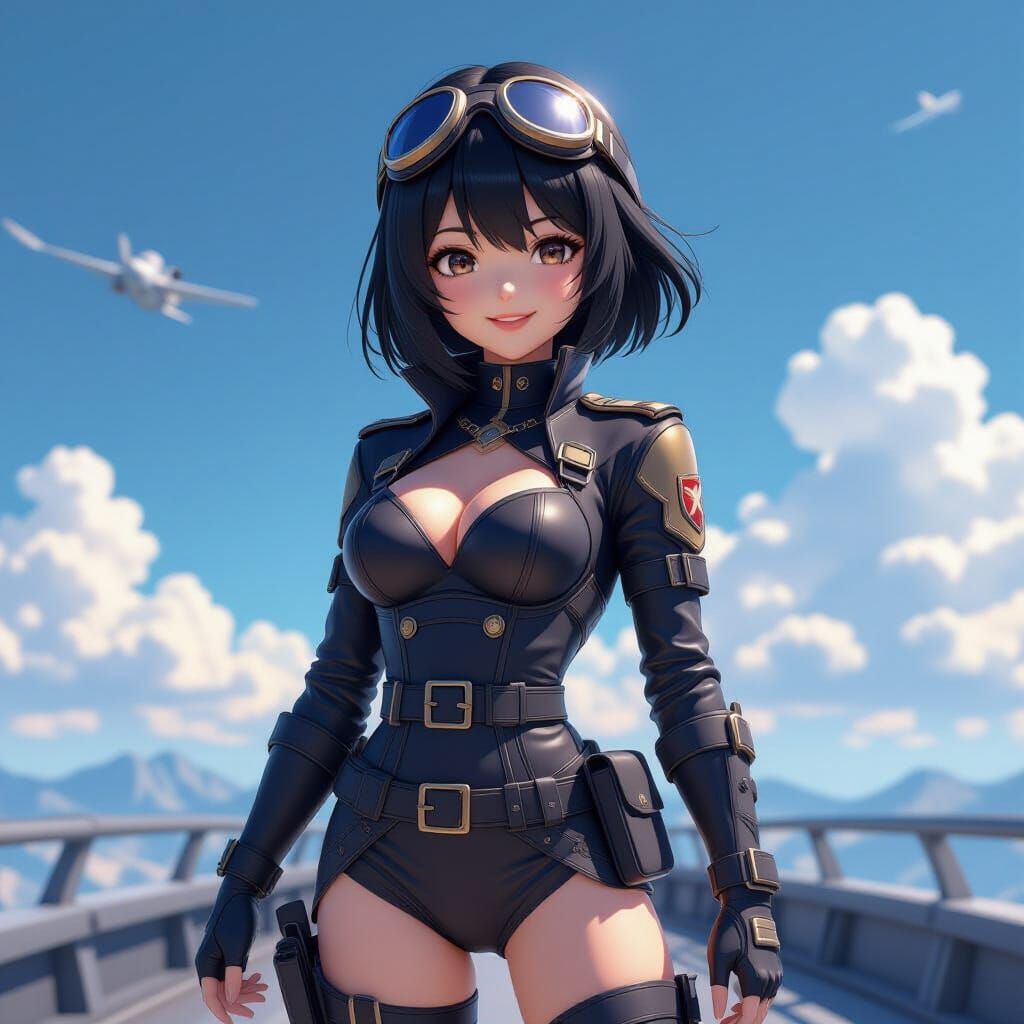 Anime Sky Captain Girl in Detailed Aviator Outfit