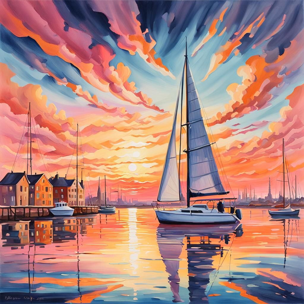 Dreamy Gouache Painting of Sailboat in City Harbor