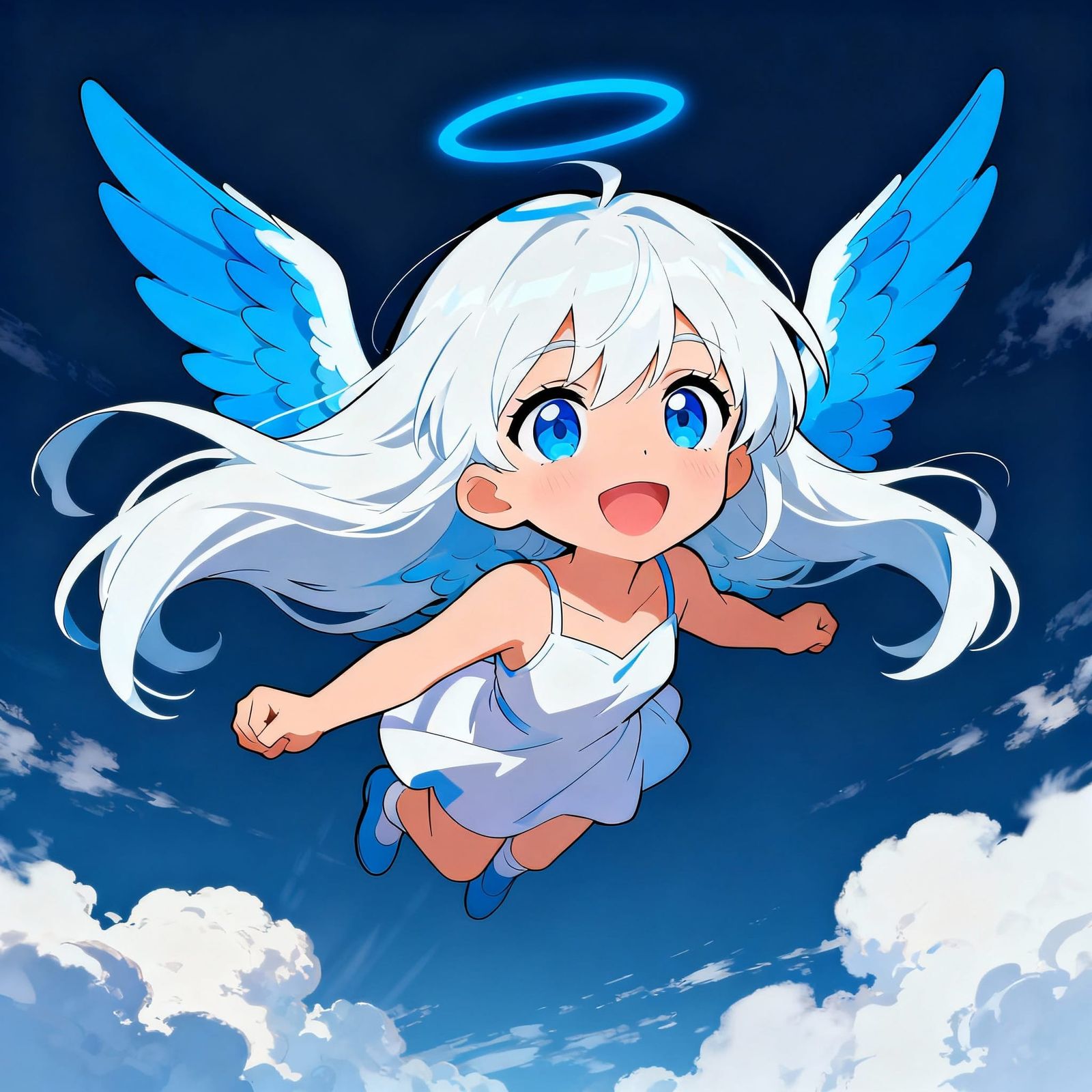 Cute Anime Angel with Blue Wings and Halo