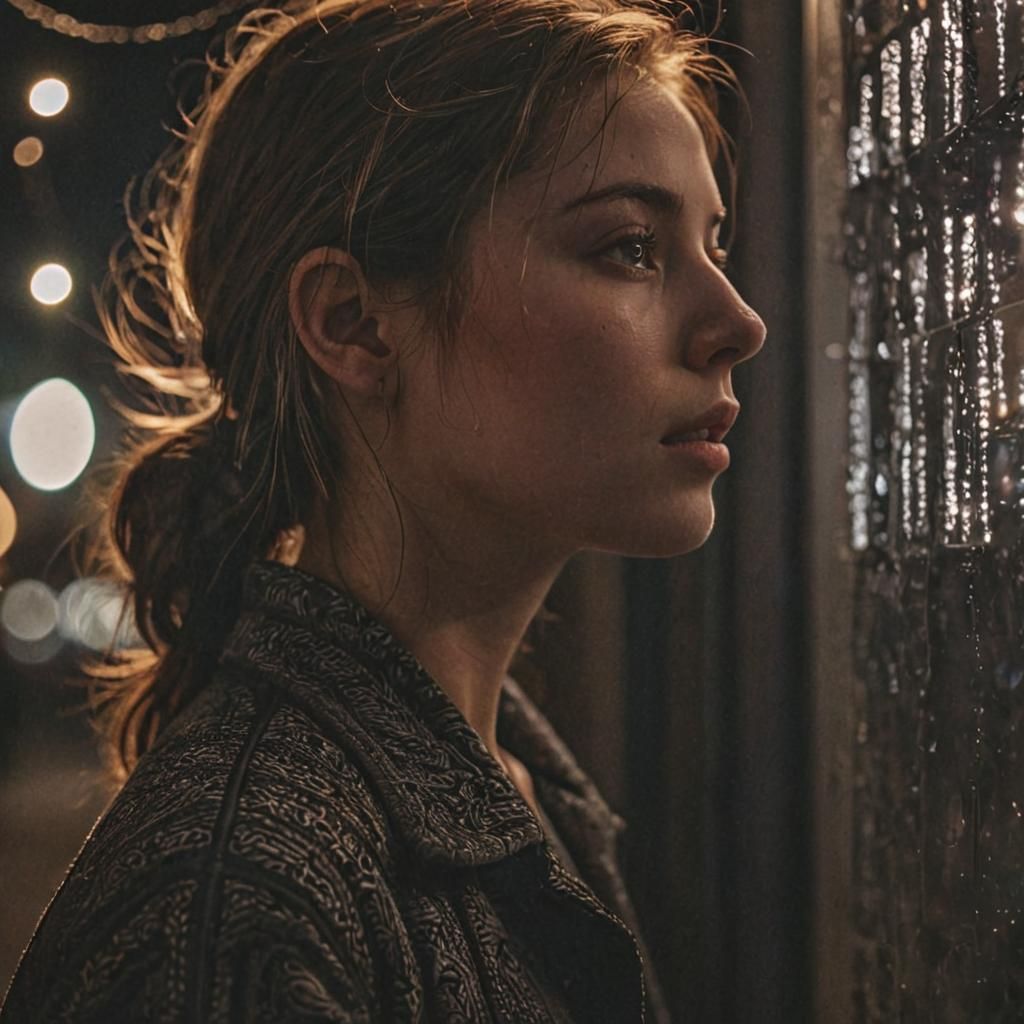 Girl Staring at Lights in Hyperrealistic Photo