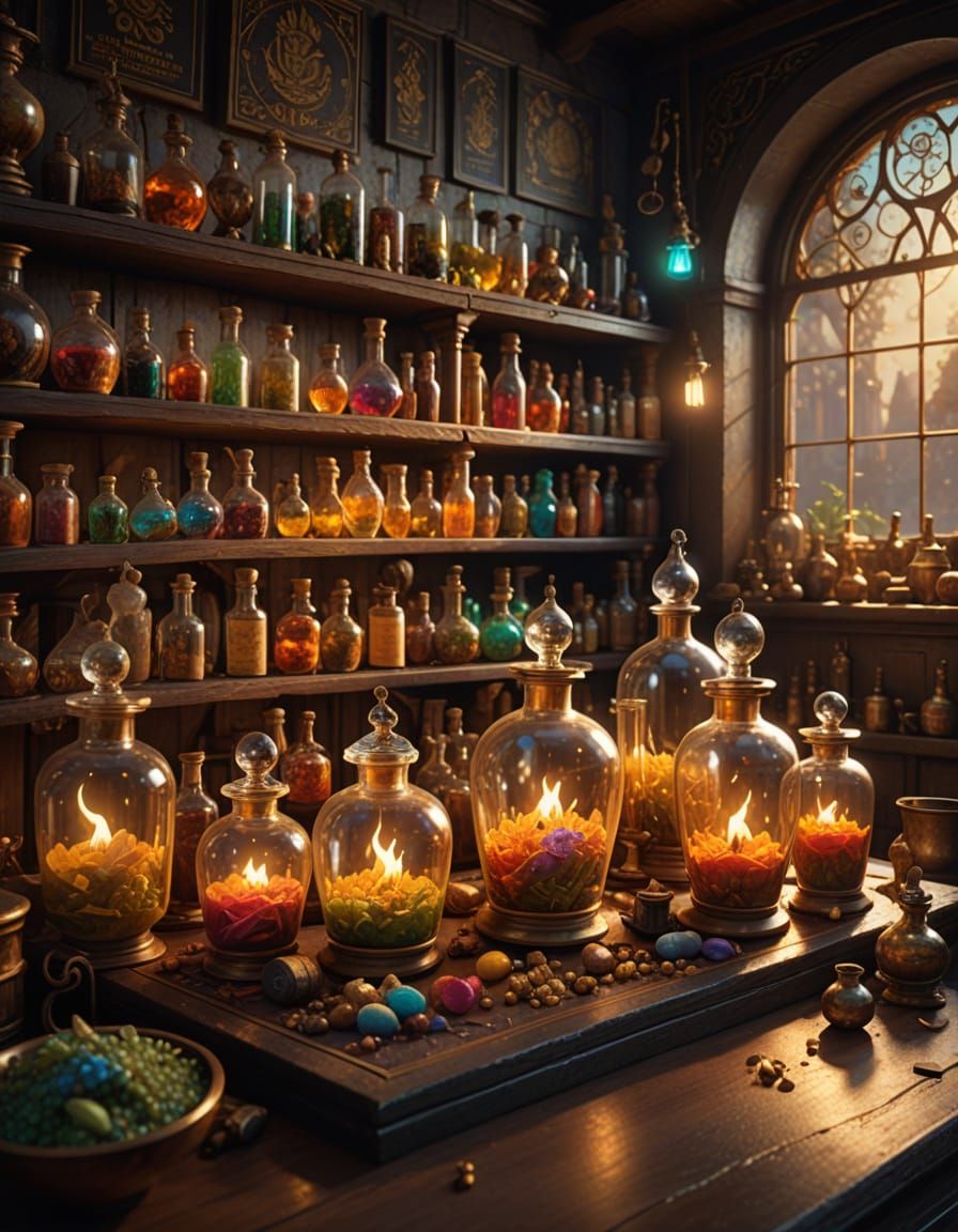 Whimsical Apothecary Laboratory with Shimmering Elixirs