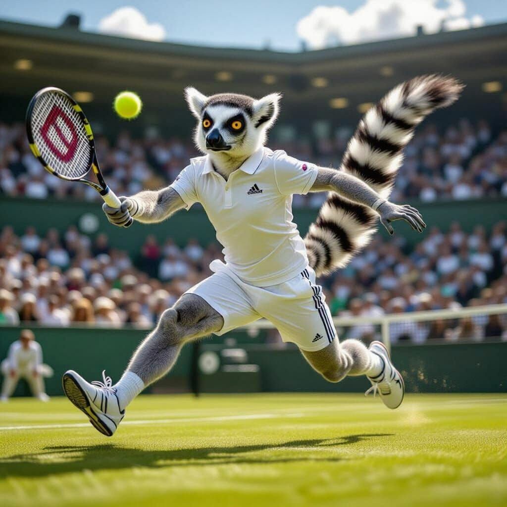 Lemur Tennis Player Leaping on Wimbledon Court