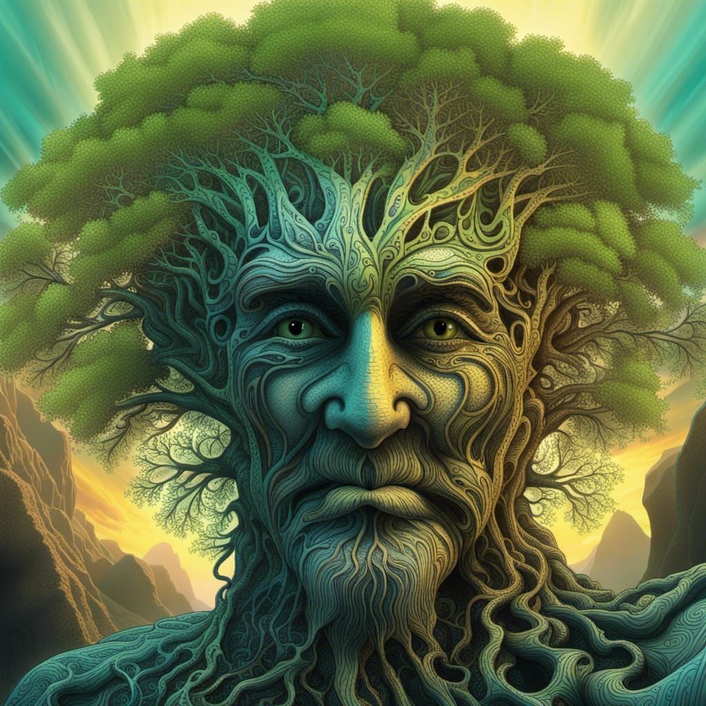 Wise Man with Fractal Tree Roots in Surreal Landscape