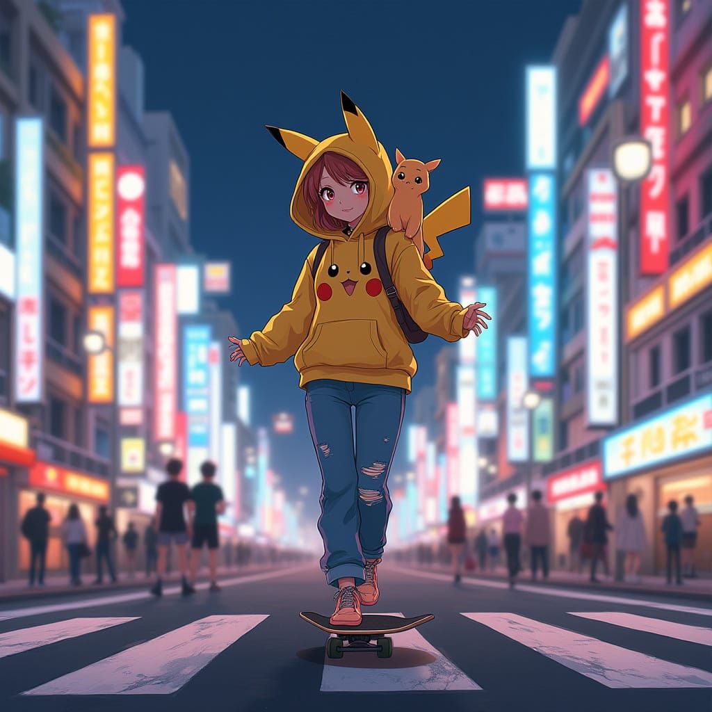 Anime Catgirl Skateboarding in Neon Shibuya, Ghibli Style