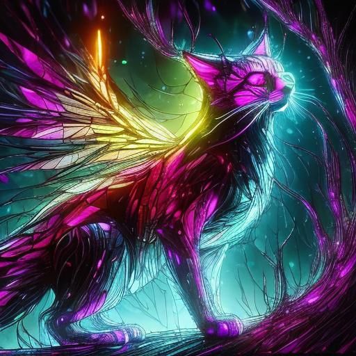 Cyberpunk Stained Glass Cat Gazing at Moon