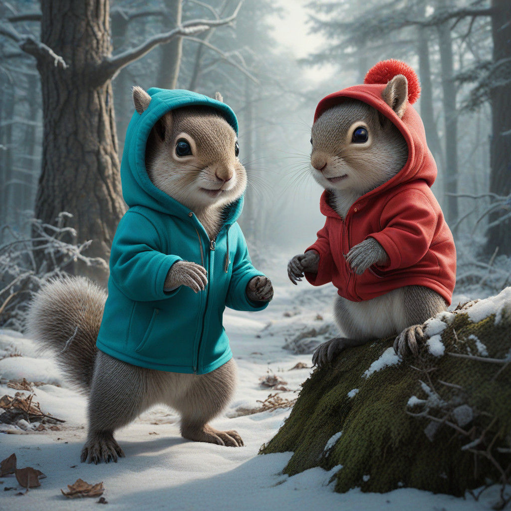 Whimsical Woodland Scene with Squirrels in Winter Attire