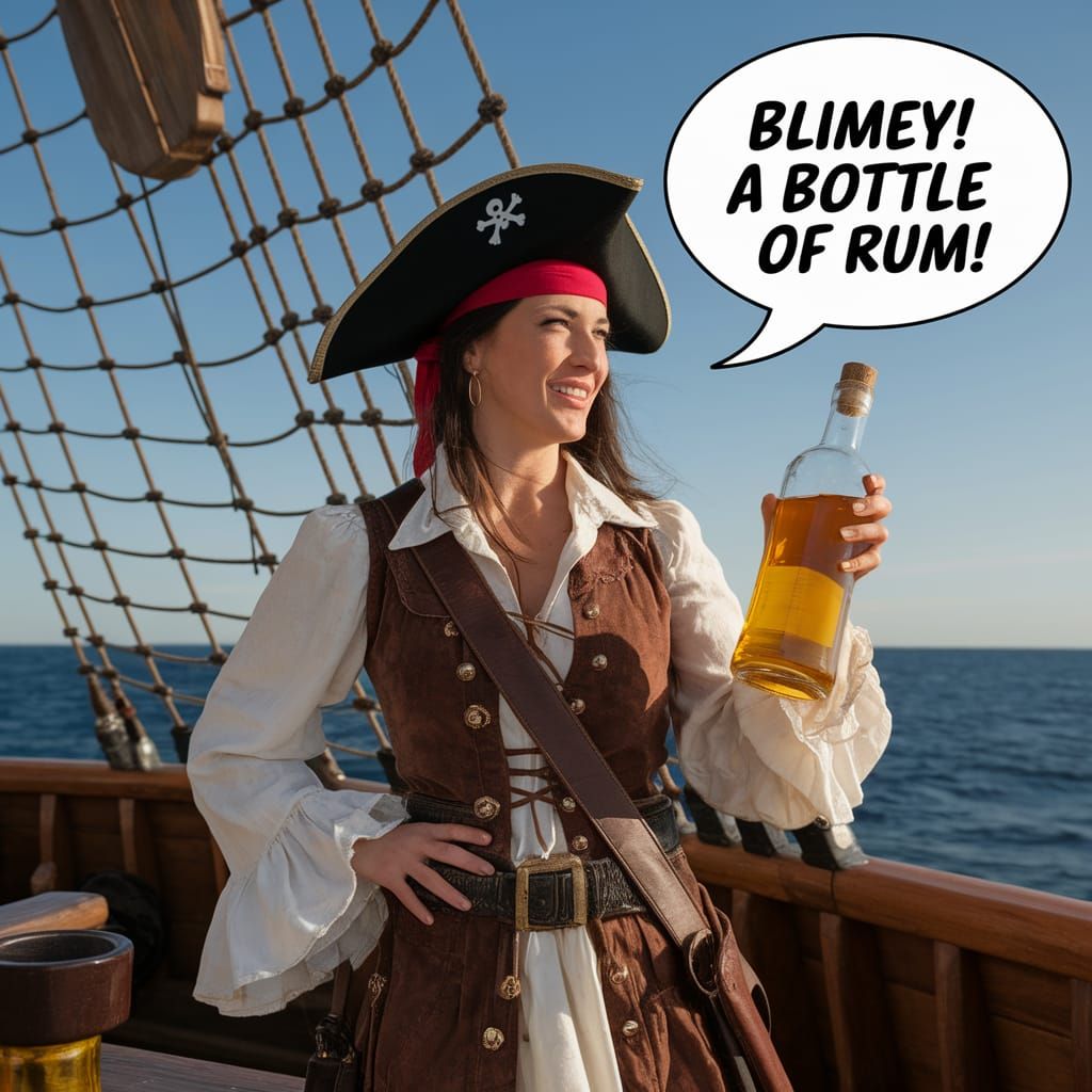 Pirate Captain Cheers with Rum Bottle on Ship