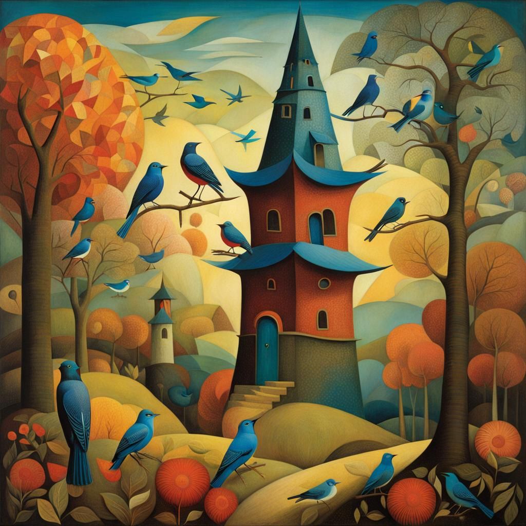 Tower of Birds: Surreal Cubist Composition