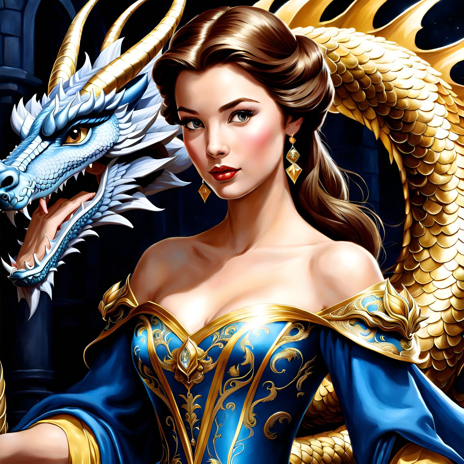 Princess Belle in Dragon Dress: Golden Age Illustration