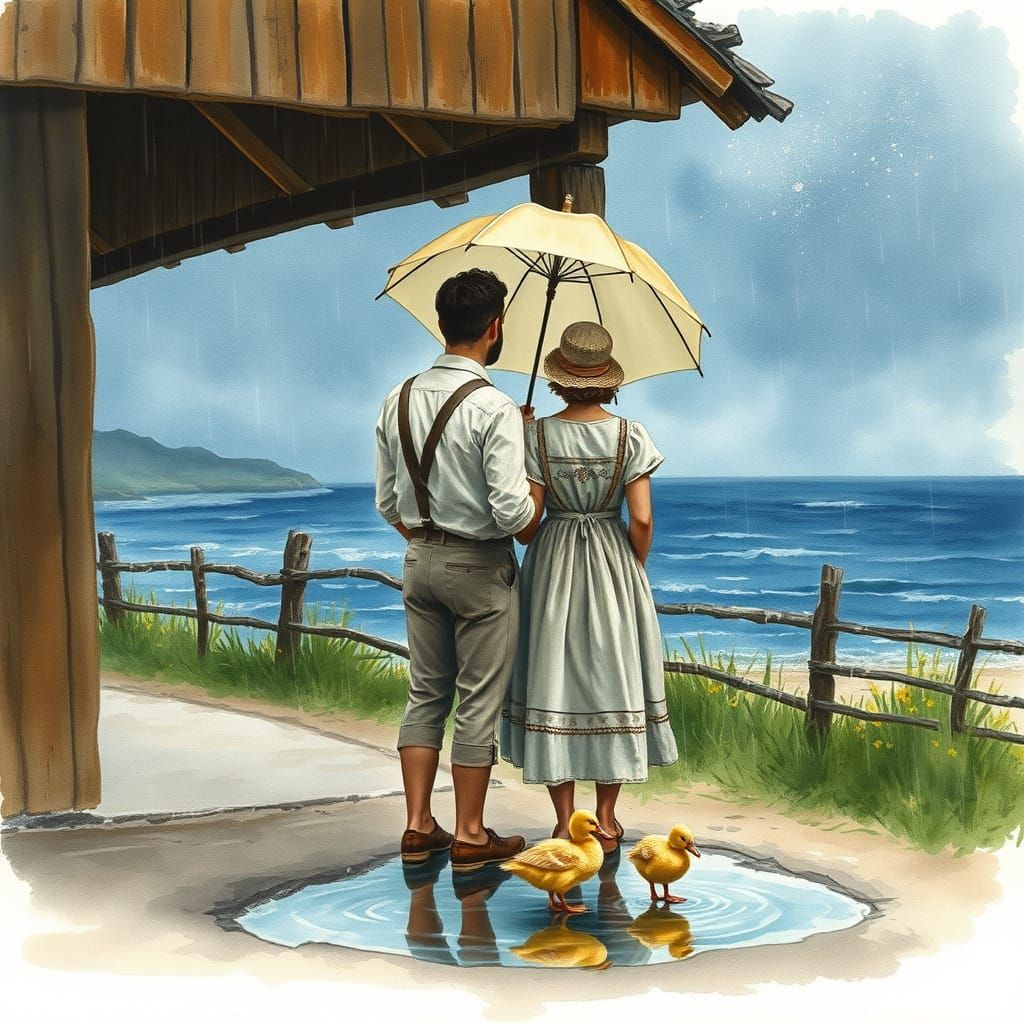 Turkish Couple Watching Meteor Shower as Watercolor Painting