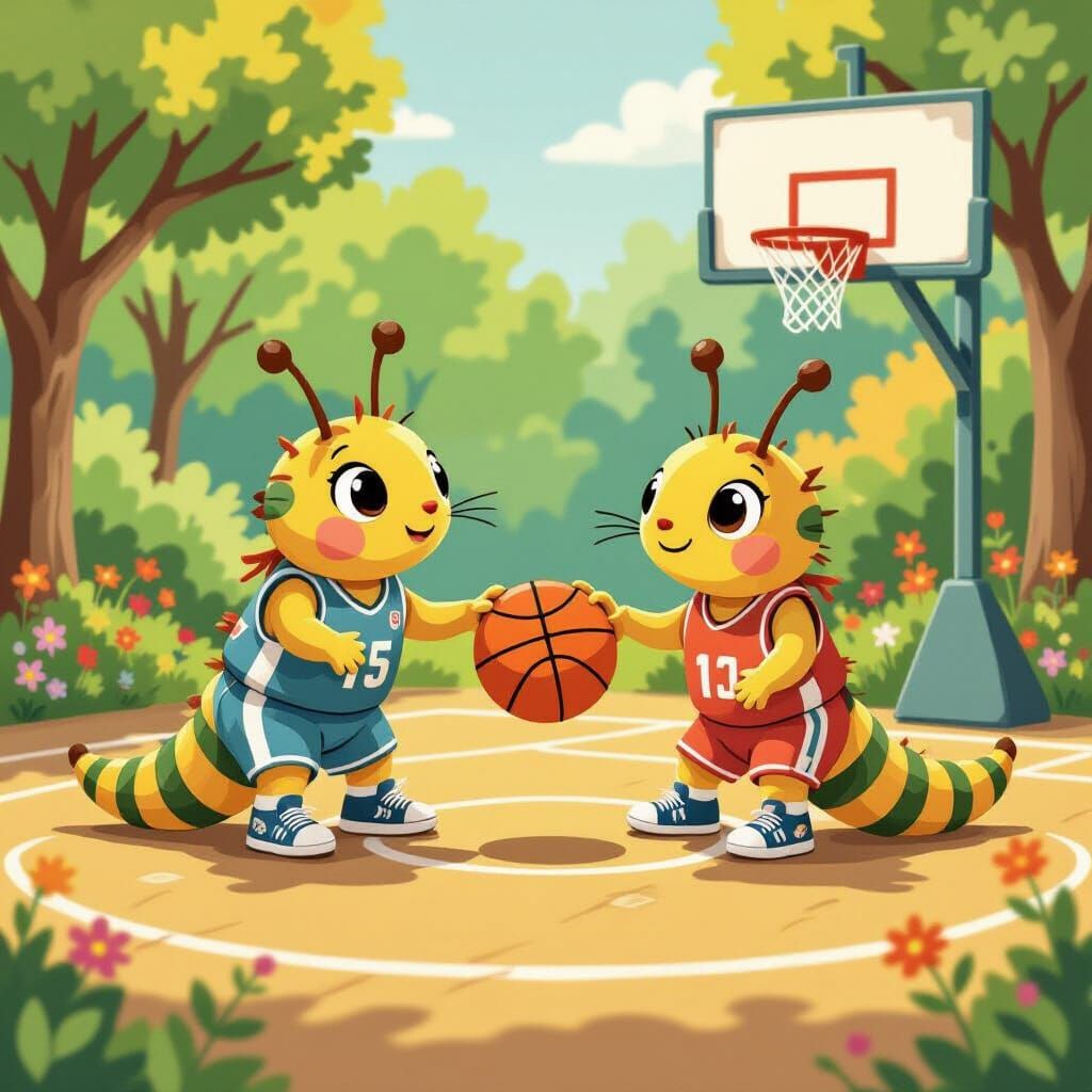 Caterpillar Basketball Game in Whimsical Style