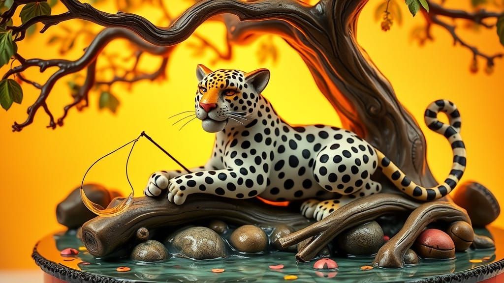 Leopard Fishing: 3D Porcelain Sculpture in Comic Art Style