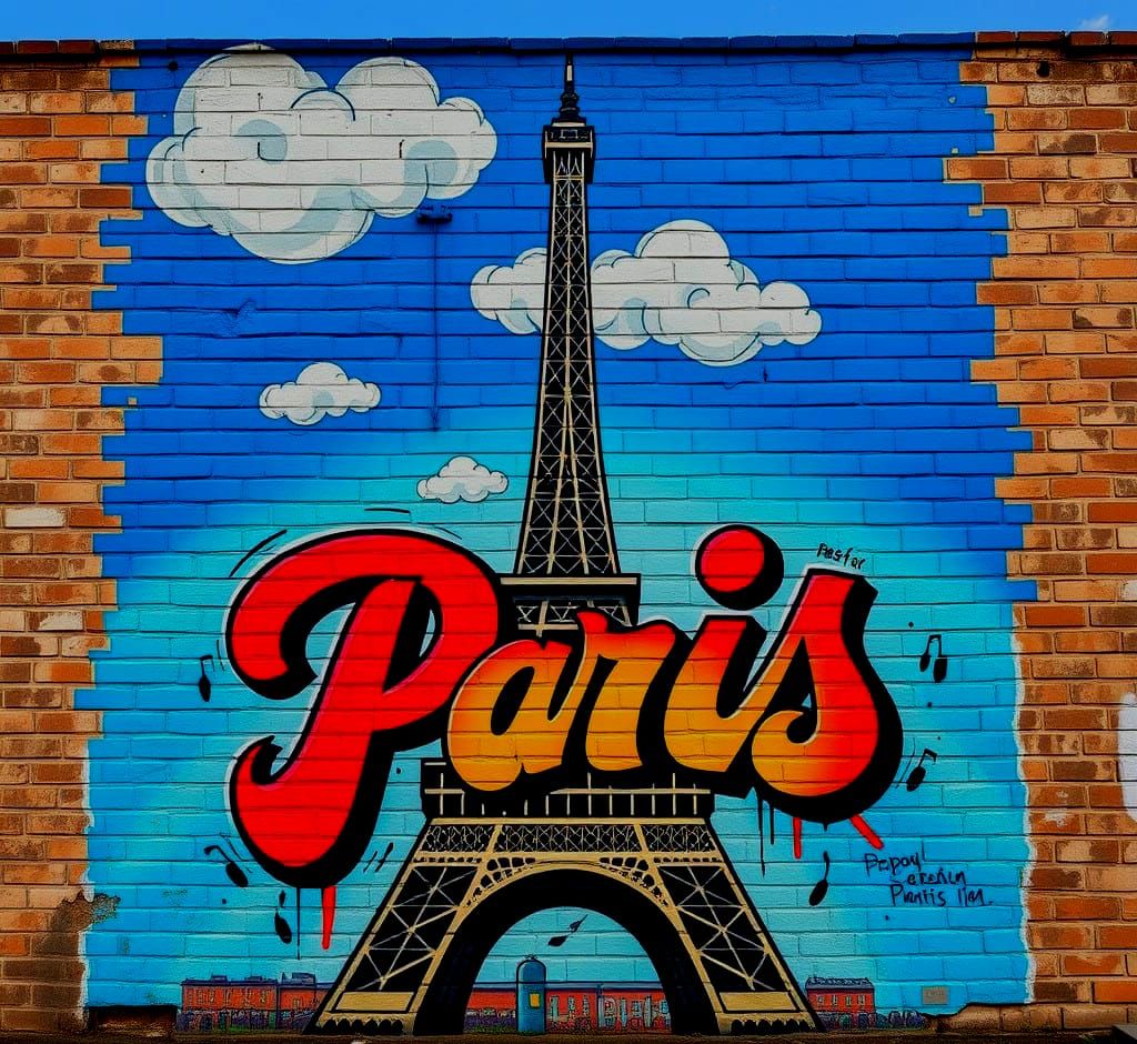 Eiffel Tower Graffiti Street Art Mural on Brick Wall
